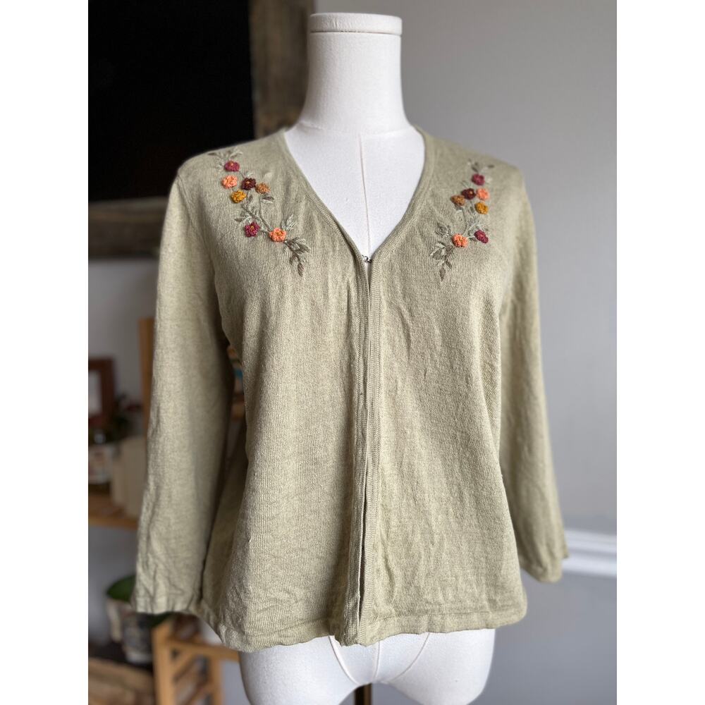 Vintage 90s Green Linen Cotton Cardigan Crochet Flowers Floral Sage Size Large